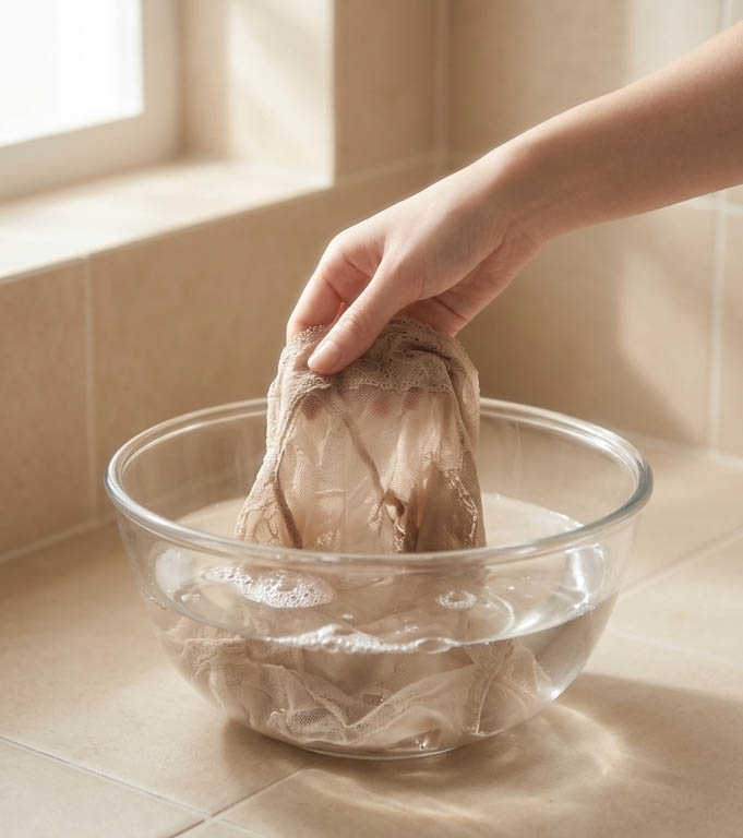 匿名性の高い上品なレース下着を優しく洗う手元（更年期世代のケアイメージ）